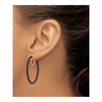 Sterling Silver 35mm Black Glitter Enamel Hoop Earrings – view 4