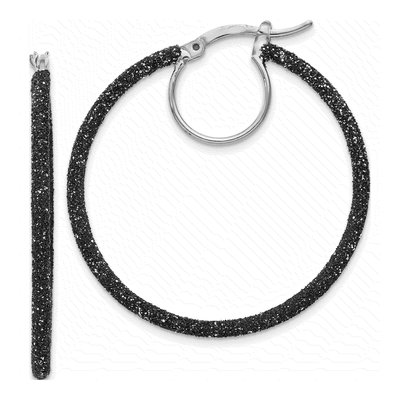 Sterling Silver 35mm Black Glitter Enamel Hoop Earrings