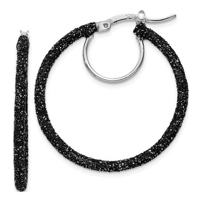 Sterling Silver 30mm Black Glitter Enamel Hoop Earrings