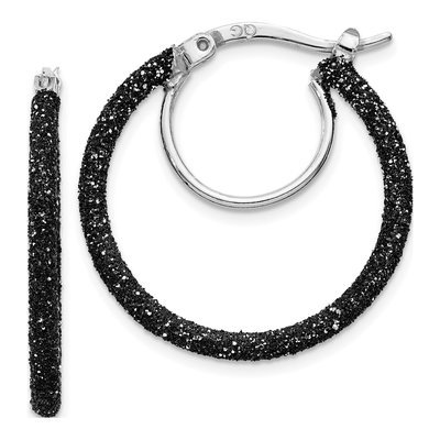 Sterling Silver 25mm Black Glitter Enamel Hoop Earrings