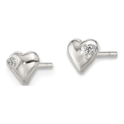 Sterling Silver Round CZ Girls' Heart Stud Earrings – view 3