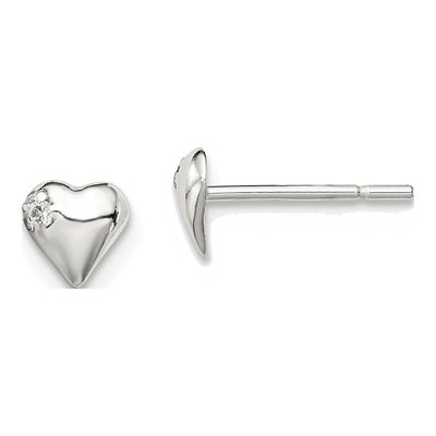 Sterling Silver Round CZ Girls' Heart Stud Earrings