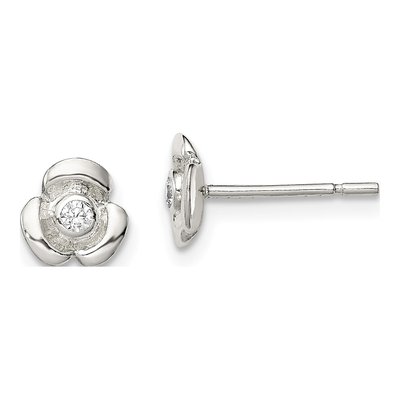 Sterling Silver Round CZ Girls' Flower Stud Earrings