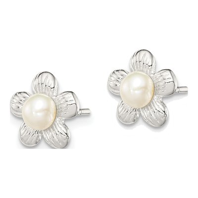 Sterling Silver Button Simulated Pearl Girls' Flower Stud Earrings – view 2
