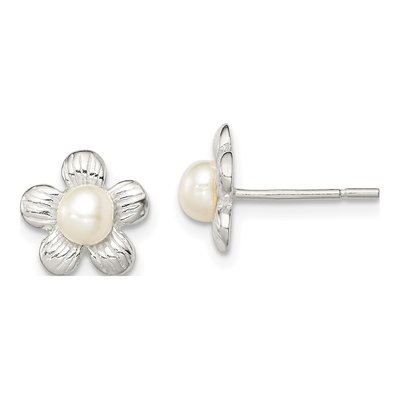 Sterling Silver Button Simulated Pearl Girls' Flower Stud Earrings