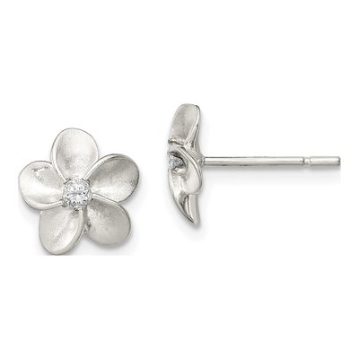 Sterling Silver Round CZ Girls' Flower Stud Earrings