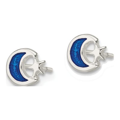 Sterling Silver Girls' Blue Enamel Moon Star Stud Earrings – view 3