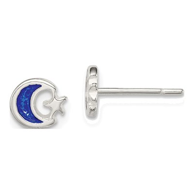 Sterling Silver Girls' Blue Enamel Moon Star Stud Earrings