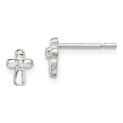 Sterling Silver Round CZ Girls' Cross Stud Earrings