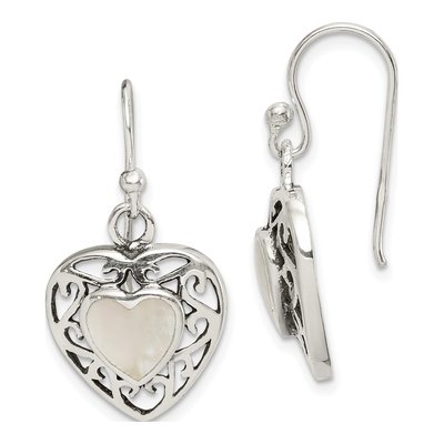 Sterling Silver Mother of Pearl Heart Dangle Earrings