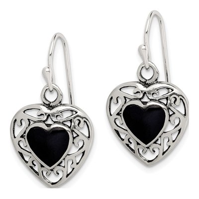Sterling Silver Onyx Heart Dangle Earrings – view 3