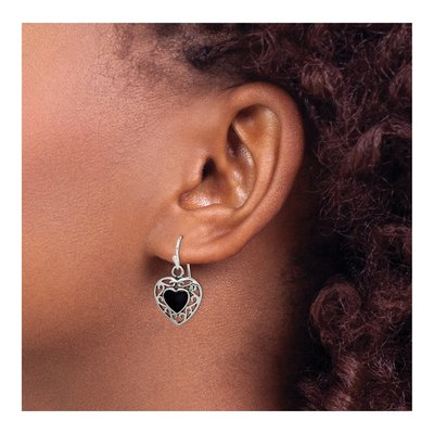 Sterling Silver Onyx Heart Dangle Earrings – view 4