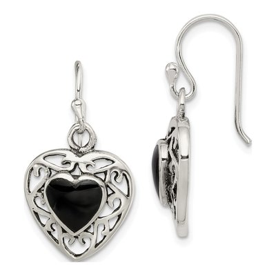 Sterling Silver Onyx Heart Dangle Earrings