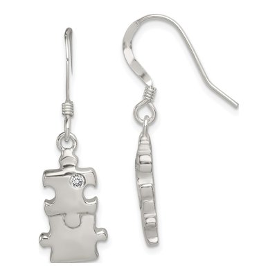 Sterling Silver CZ Puzzle Piece Dangle Earrings