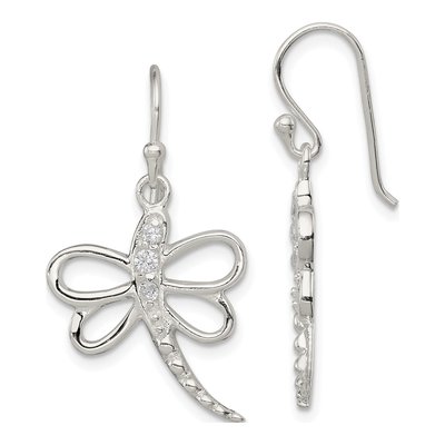 Sterling Silver CZ Dragonfly Dangle Earrings