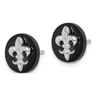 Sterling Silver Round Onyx & CZ Fleur de Lis Stud Earrings – view 3