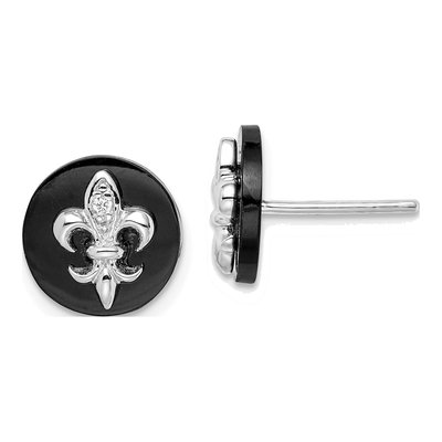 Sterling Silver Round Onyx & CZ Fleur de Lis Stud Earrings