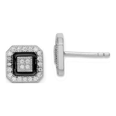 Sterling Silver Round CZ Enamel Pave Halo Stud Earrings