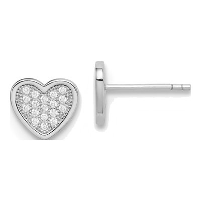 Sterling Silver Round CZ Pave Heart Stud Earrings