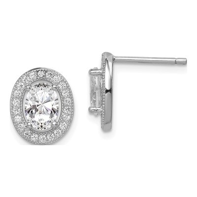 Sterling Silver Round CZ Pave? Oval Stud Earrings