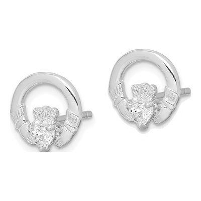 Sterling Silver CZ Claddagh Heart Stud Earrings – view 3