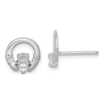 Sterling Silver CZ Claddagh Heart Stud Earrings