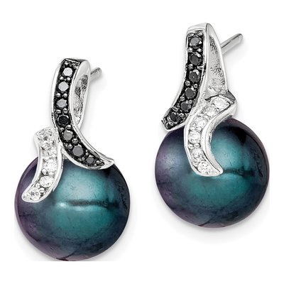 Sterling Silver Simulated Pearl & CZ Shell Dangle Earrings – view 3