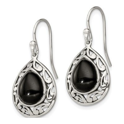 Sterling Silver Onyx Filigree Teardrop Dangle Earrings – view 3