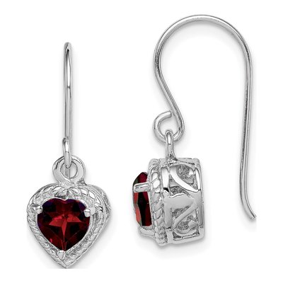Sterling Silver Garnet Heart Dangle Earrings