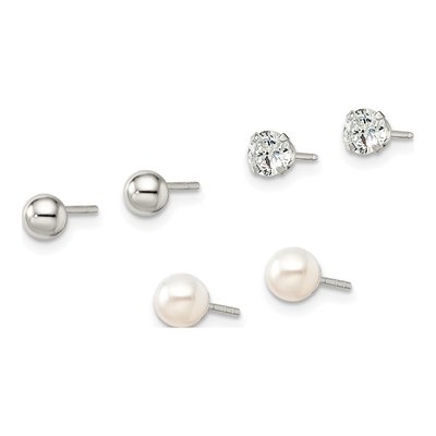 Sterling Silver Pearl & Crystal Earring Set, 3pc – view 4