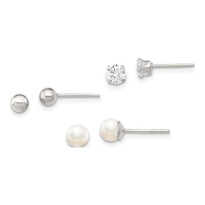 Sterling Silver Pearl & Crystal Earring Set, 3pc