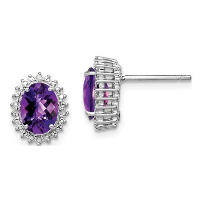 Sterling Silver Oval Amethyst & Diamond Button Stud Earrings