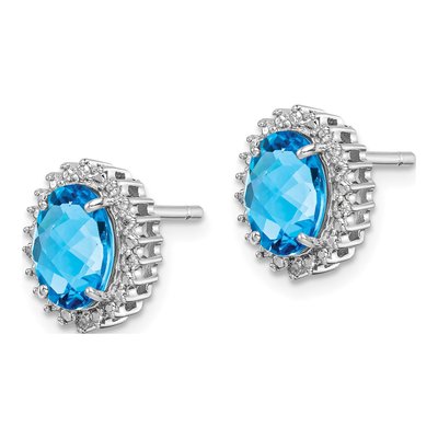 Sterling Silver Oval Swiss Blue Topaz & Diamond Button Stud Earrings – view 3