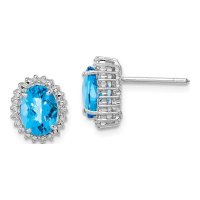 Sterling Silver Oval Swiss Blue Topaz & Diamond Button Stud Earrings
