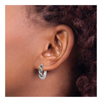 Sterling Silver 21mm Marcasite Swirl Hoop Earrings – view 4