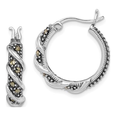 Sterling Silver 21mm Marcasite Swirl Hoop Earrings