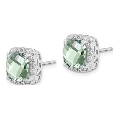 Sterling Silver 8mm Cushion Prasiolite & Diamond Stud Earrings – view 3