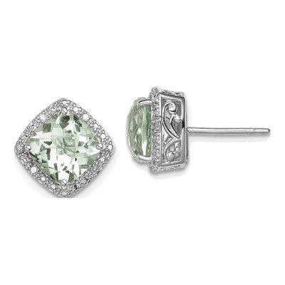 Sterling Silver 8mm Cushion Prasiolite & Diamond Stud Earrings