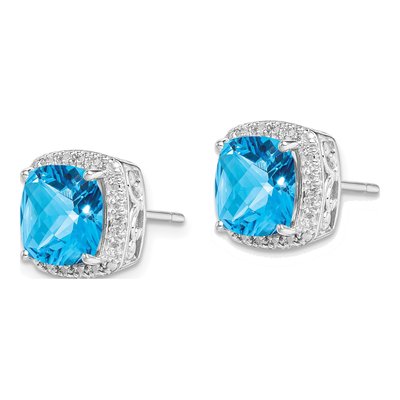 Sterling Silver 8mm Cushion Swiss Blue Topaz & Diamond Button Stud Earrings – view 3