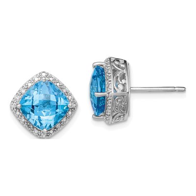 Sterling Silver 8mm Cushion Swiss Blue Topaz & Diamond Button Stud Earrings