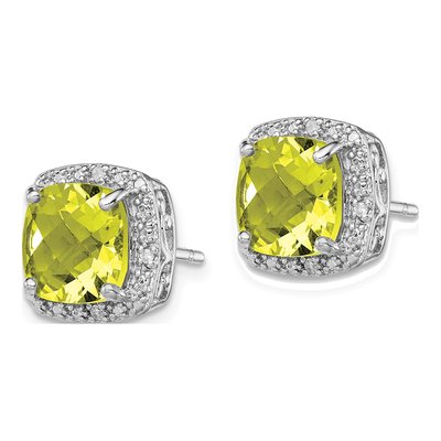 Sterling Silver 8mm Cushion Lemon Quartz & Diamond Lemon Stud Earrings – view 3