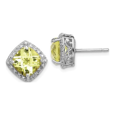 Sterling Silver 8mm Cushion Lemon Quartz & Diamond Lemon Stud Earrings