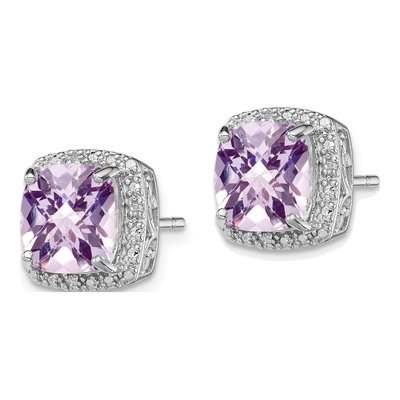Sterling Silver 8mm Cushion Rose de France Amethyst & Diamond Stud Earrings – view 3