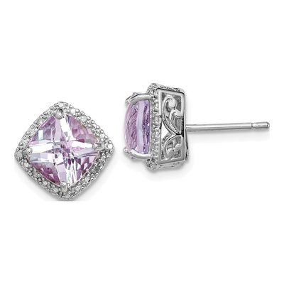 Sterling Silver 8mm Cushion Rose de France Amethyst & Diamond Stud Earrings