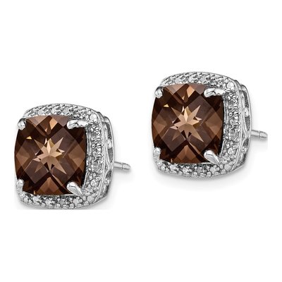 Sterling Silver 8mm Cushion Smoky Quartz & Diamond Stud Earrings – view 3