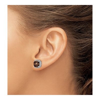 Sterling Silver 8mm Cushion Smoky Quartz & Diamond Stud Earrings – view 4