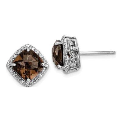 Sterling Silver 8mm Cushion Smoky Quartz & Diamond Stud Earrings