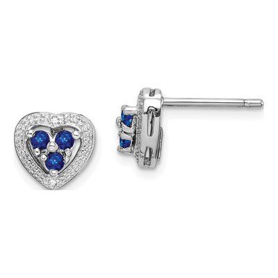 Sterling Silver 2mm Round Sapphire & Diamond Heart Stud Earrings