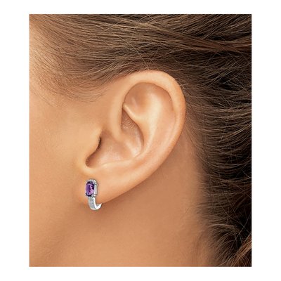 Sterling Silver 14mm Amethyst & Diamond Huggie Hoop Earrings – view 4