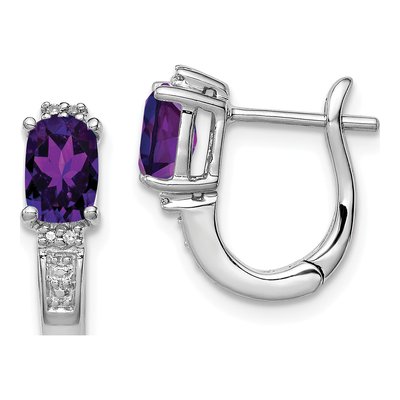 Sterling Silver 14mm Amethyst & Diamond Huggie Hoop Earrings